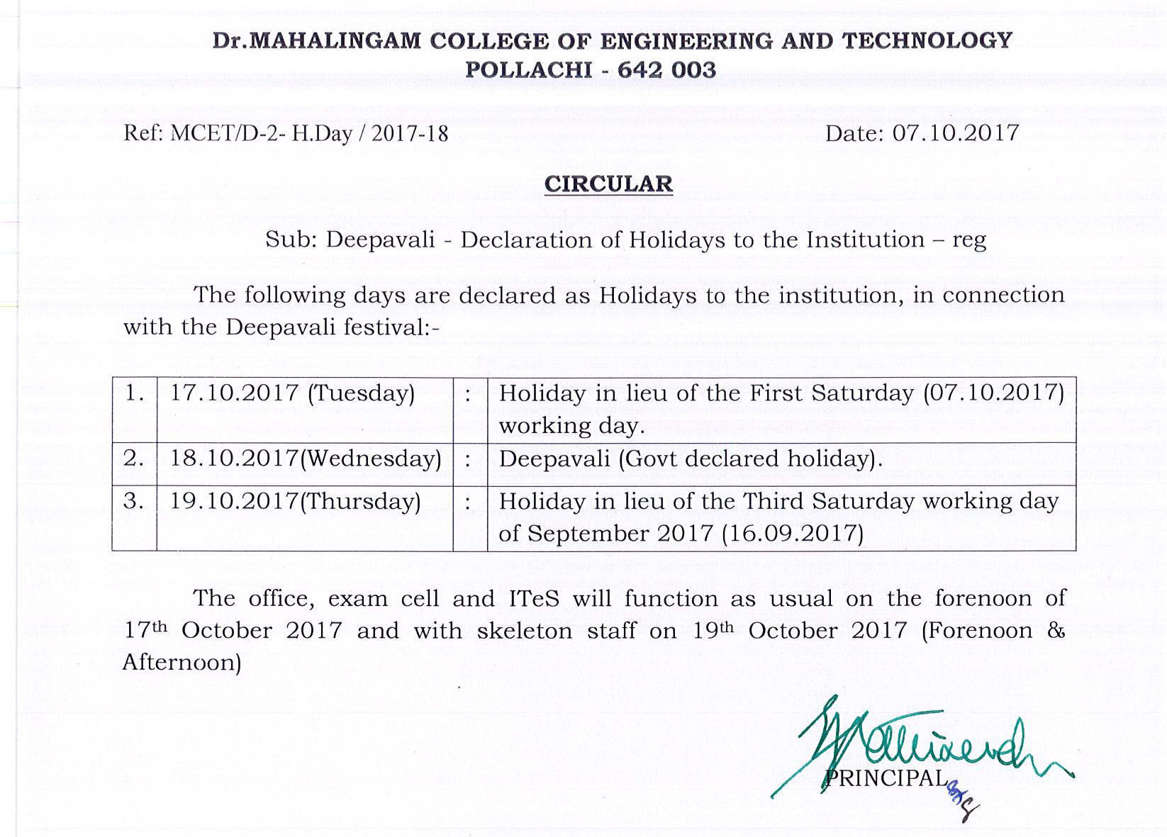 Circular Declaration of Holidays to the Institution Deepavali