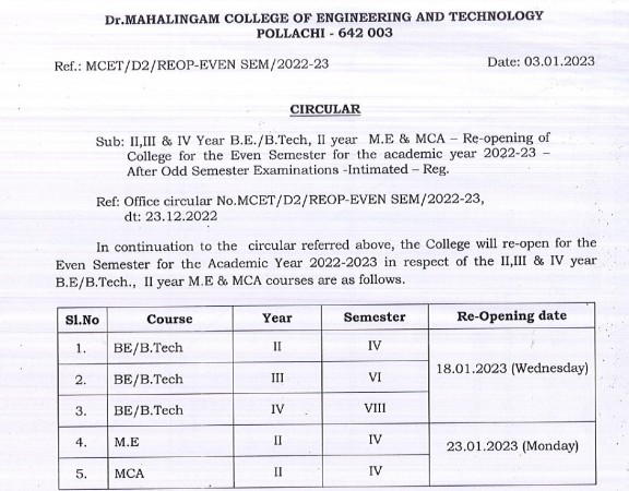 Circular_Change in the reopening date of the college for II,III & IV years